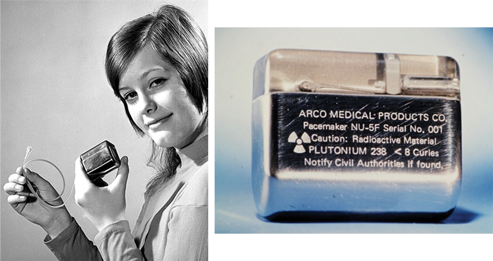 Left: A female model holds an RTG battery. Right: A close up of the RTC battery.